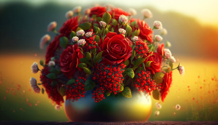 Bouquet of red roses in vase on wooden table.の素材