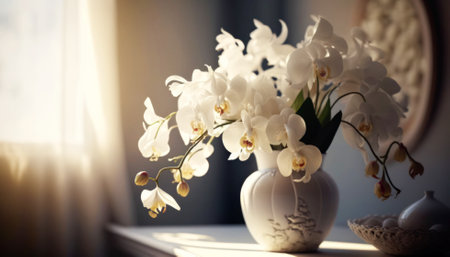 White orchids in vase on window sill, closeupの素材