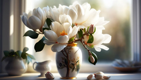 Magnolia flowers in a vase on the windowsill. Spring backgroundの素材