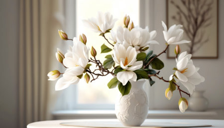 Beautiful magnolia flowers in vase on table indoors, closeupの素材