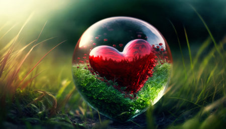 Valentine's day concept. Heart in crystal ball on green grass.の素材