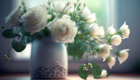 White roses in a vase on the windowsill, vintage styleの素材