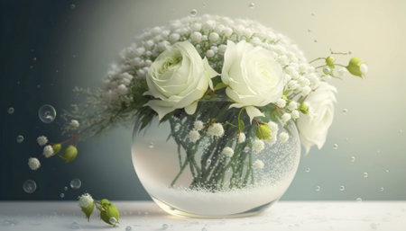 Bouquet of white roses in a glass vase with water dropsの素材