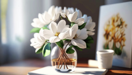 Vase with beautiful magnolia flowers on table indoors, closeupの素材