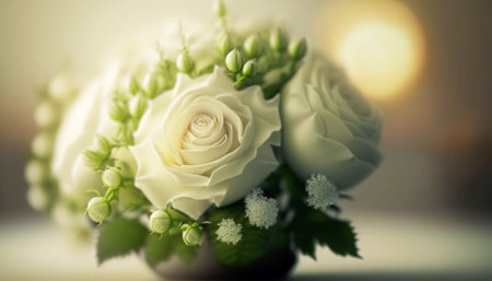 wedding bouquet of white roses in vase on tableの素材