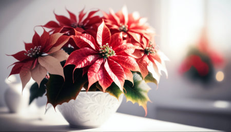 Christmas poinsettia in a pot on the windowsill.の素材