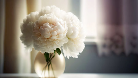 White peony flowers in a vase on a windowsill.の素材