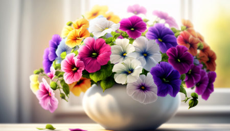 Colorful pansy flowers in a vase on the windowsillの素材