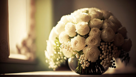 Bouquet of white roses in a vase on the windowsillの素材
