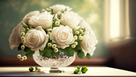 Bouquet of white roses in a vase on the tableの素材