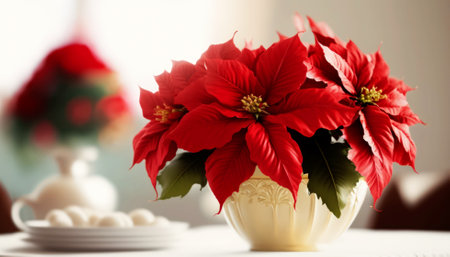 Poinsettia flowers in vase on table, closeupの素材