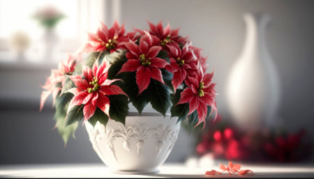 Christmas star poinsettia in a white vase on a light backgroundの素材