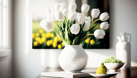 White tulips bouquet in vase on wooden table in living roomの素材