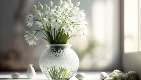 Bouquet of beautiful snowdrops in vase on windowsillの素材