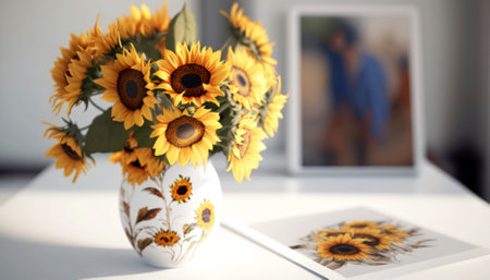 Sunflowers in a vase on a table in a roomの素材
