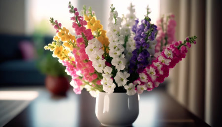 Beautiful spring flowers in vase on table indoors, closeupの素材