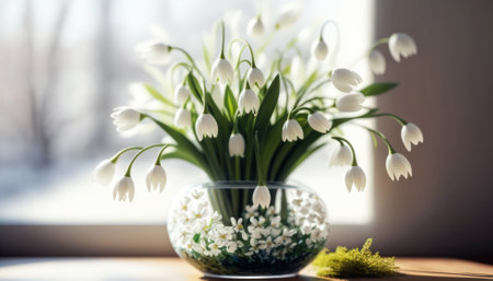 Bouquet of snowdrops in vase on windowsill, closeupの素材