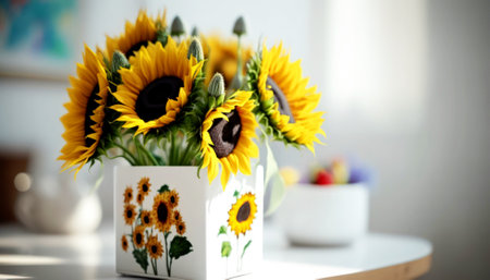 Beautiful sunflowers in vase on table, closeupの素材