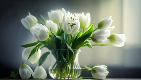 Bouquet of white tulips in a vase on the windowsillの素材