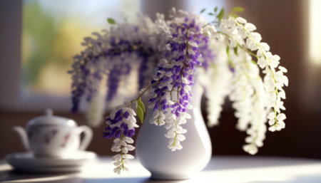 Beautiful wisteria flowers in vase on window sill, closeupの素材