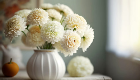 Beautiful white chrysanthemums in vase on table indoorsの素材