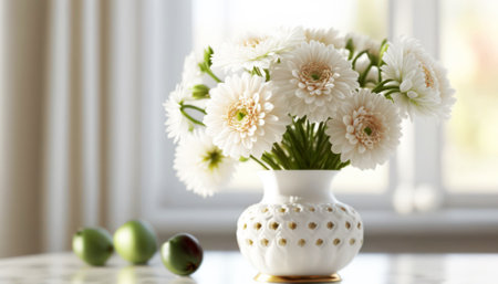 Bouquet of beautiful chrysanthemums in vase on tableの素材