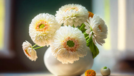 White chrysanthemums in a vase on the windowsillの素材