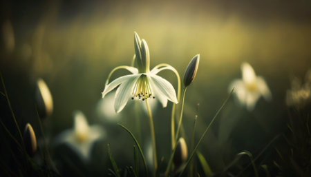 White daffodils in a meadow in the sunlight.の素材