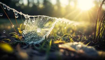 Cobwebs with dew drops on the grass at sunriseの素材