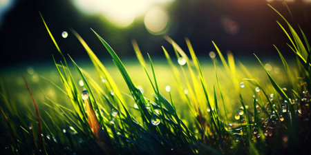 Fresh green grass with dew drops close up. Nature background.の素材