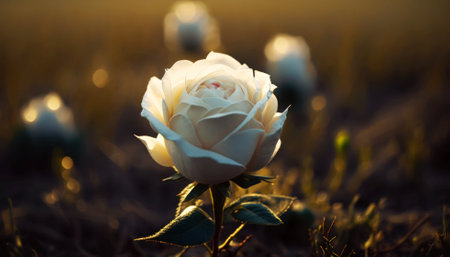 Beautiful white rose in the field at sunset. Nature background.の素材
