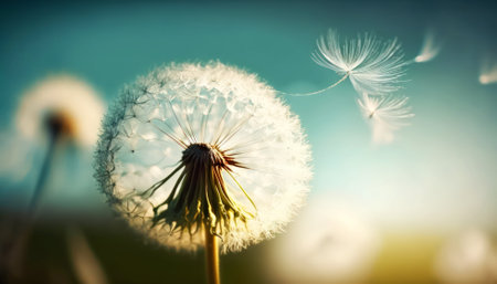 Dandelion seeds in the wind on a background of blue skyの素材