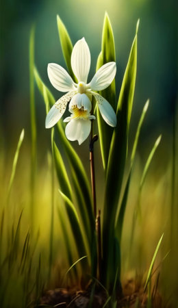 Beautiful white orchid flower in the forest. Shallow depth of fieldの素材