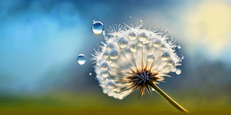 Dandelion with water drops close up. Beautiful nature background.の素材