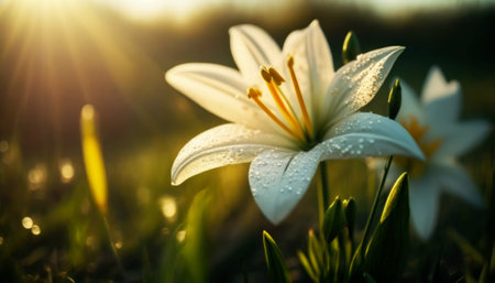 White lily with water drops on the background of the setting sunの素材