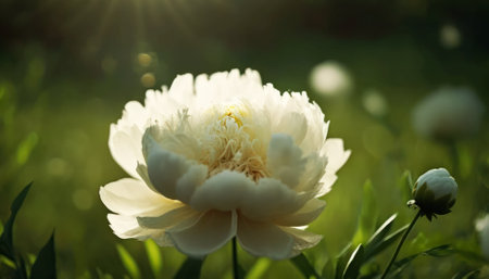 Beautiful white peony flower on the background of green grass.の素材
