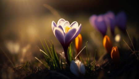 Beautiful crocus flowers in the garden at sunset. Early spring.の素材