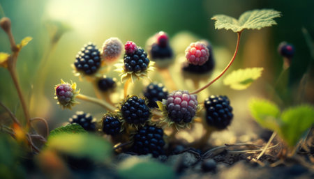 Wild blackberries in the forest. Selective focus. Nature.の素材