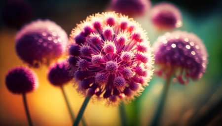 Beautiful purple allium flower in the field. Selective focus.の素材
