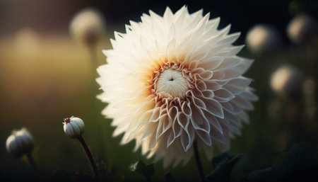 Beautiful white dahlia flower in the garden at sunset.の素材