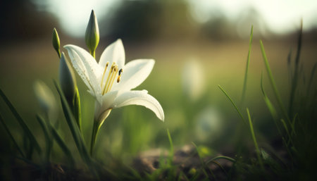 Beautiful white lily flower in the spring garden. Nature backgroundの素材