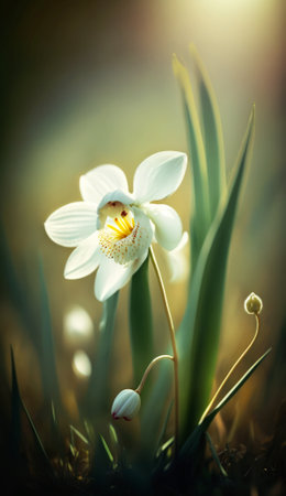 White snowdrop flowers in the morning sunlight. Spring nature background.の素材