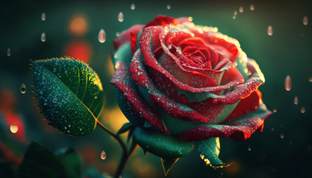 Beautiful red rose with dew drops on a green background.の素材