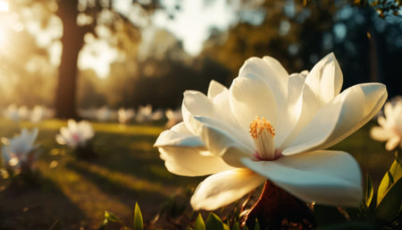 Magnolia flower blooming in the park. Beautiful white magnolia flowers in the sunlight.の素材