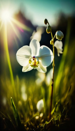 White orchid flower on the meadow with sunbeams.の素材