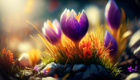 Beautiful crocuses in the garden. Spring flowers. Macroの素材