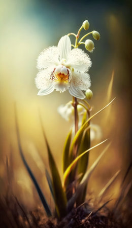 White orchid flower in the field. Nature background. Soft focus.の素材