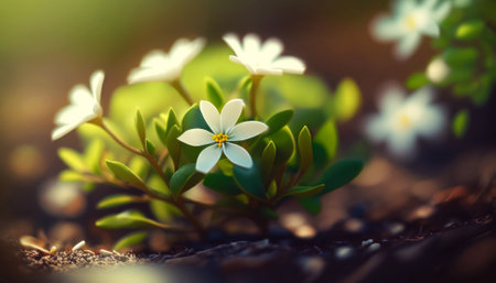 Small white flowers on the ground. Shallow depth of field.の素材