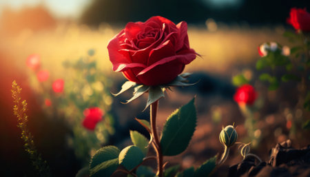 Beautiful red rose on the background of a field of flowers.の素材