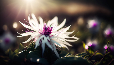 Beautiful white flowers on the background of the sun and blue skyの素材